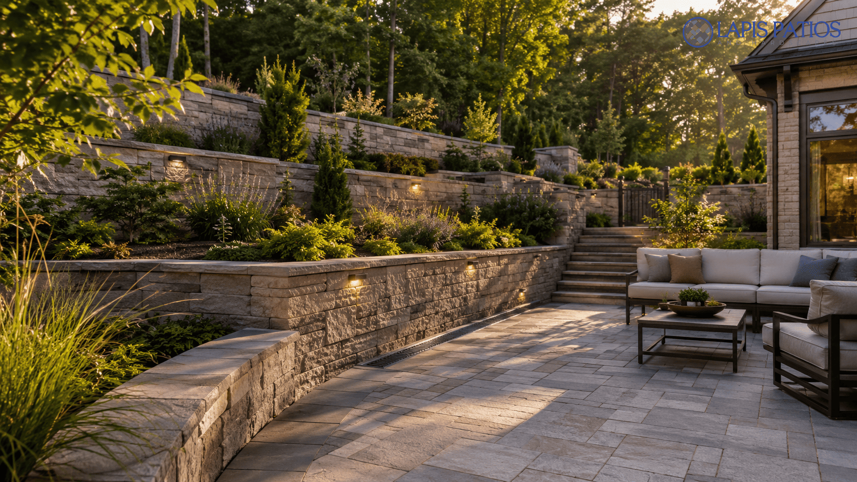 Tiered retaining wall design with stone blocks, built-in lighting, lush greenery, and a paver patio seating area 