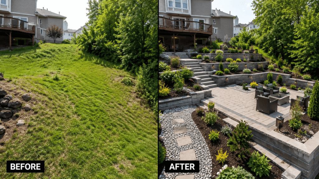 Sloped backyard transformed with geometric retaining wall layouts, stone steps, paver patio, and lush garden beds.
