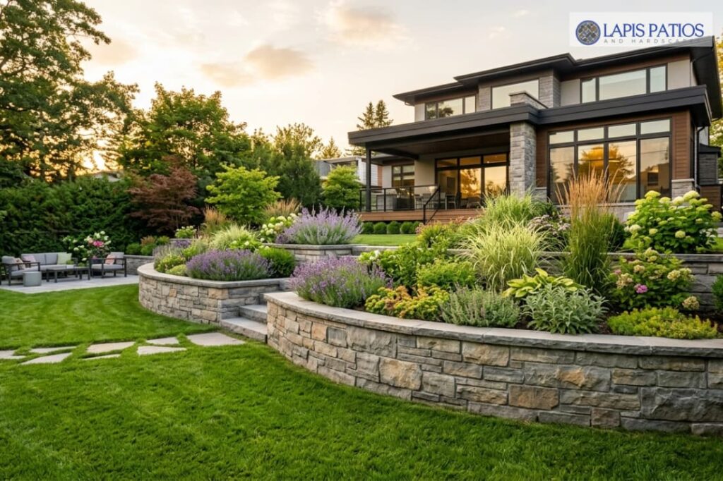 Tiered curved retaining wall designs in natural stone with layered garden beds and lush backyard landscaping.