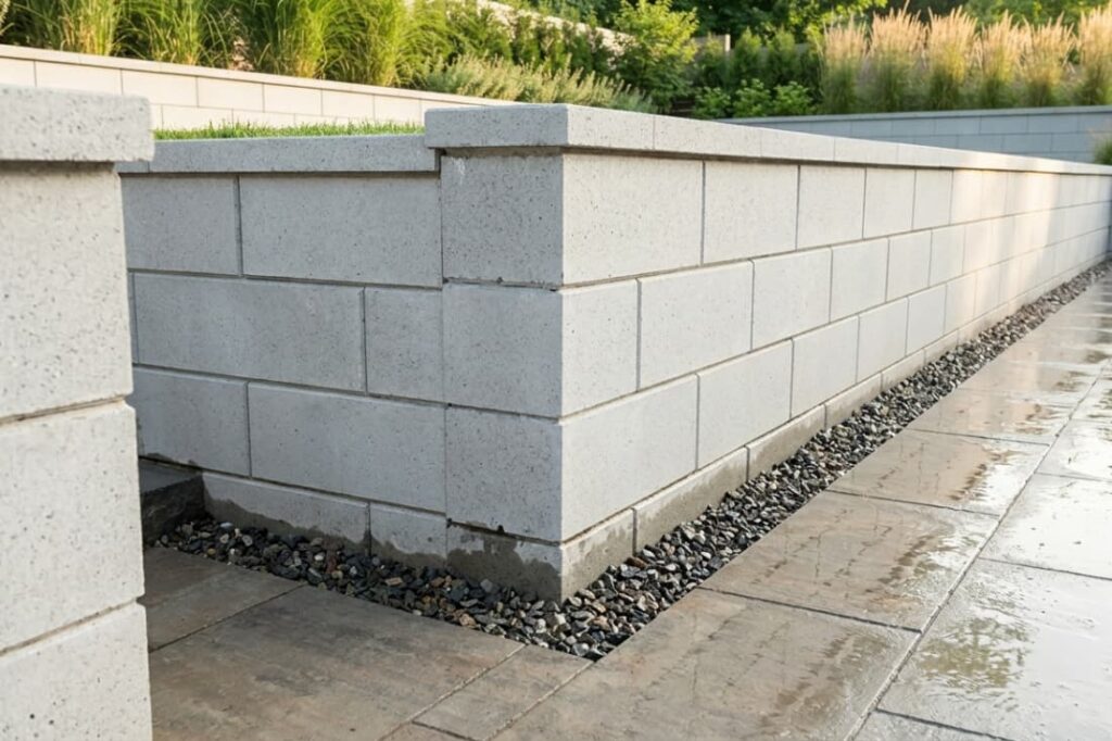Right-angle concrete block corner showing precise geometric retaining wall layouts with gravel drainage and stone paving.