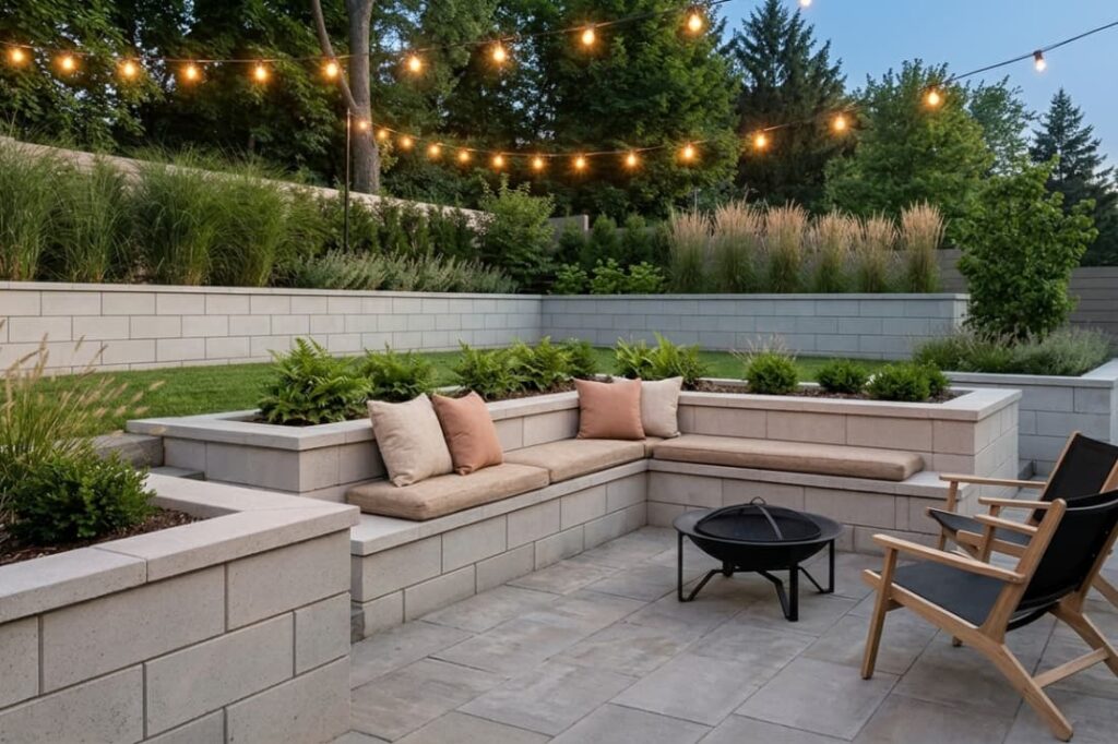 L-shaped seating wall with fire pit and string lights showcasing geometric retaining wall layouts in a backyard patio.