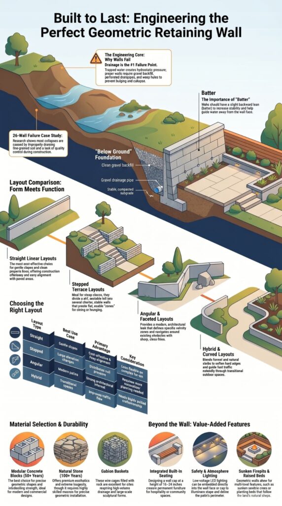 Infographic engineering guide to geometric retaining wall layouts covering drainage, materials, and layout comparisons.