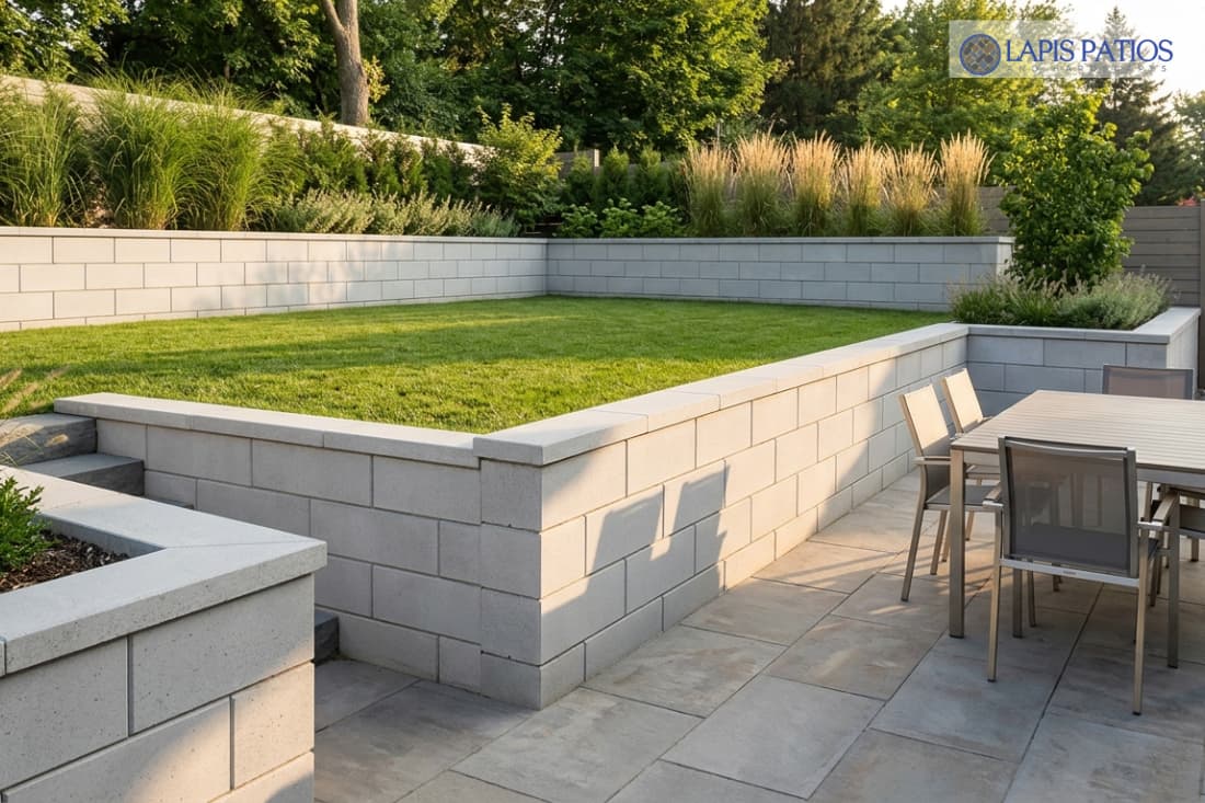 Modern tiered backyard with angular concrete block walls demonstrating clean geometric retaining wall layouts and patio.