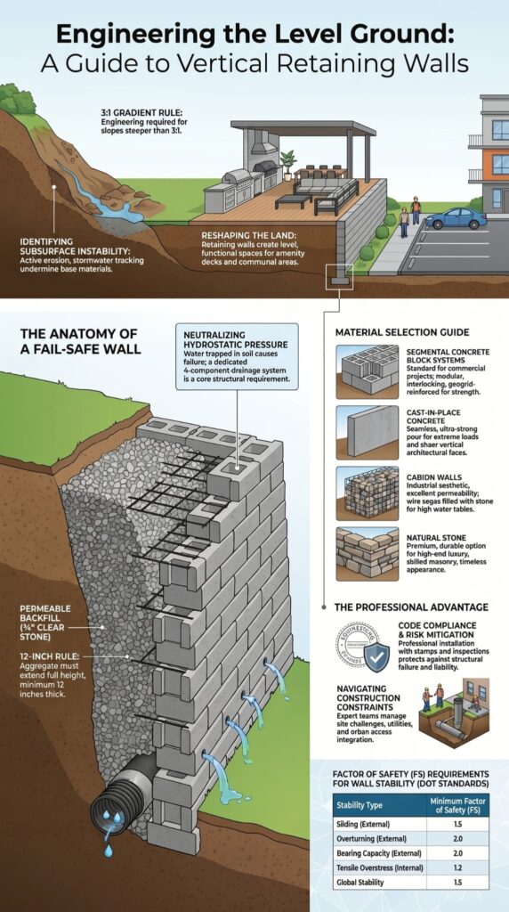 Engineering guide infographic for vertical retaining wall solutions showing anatomy and materials