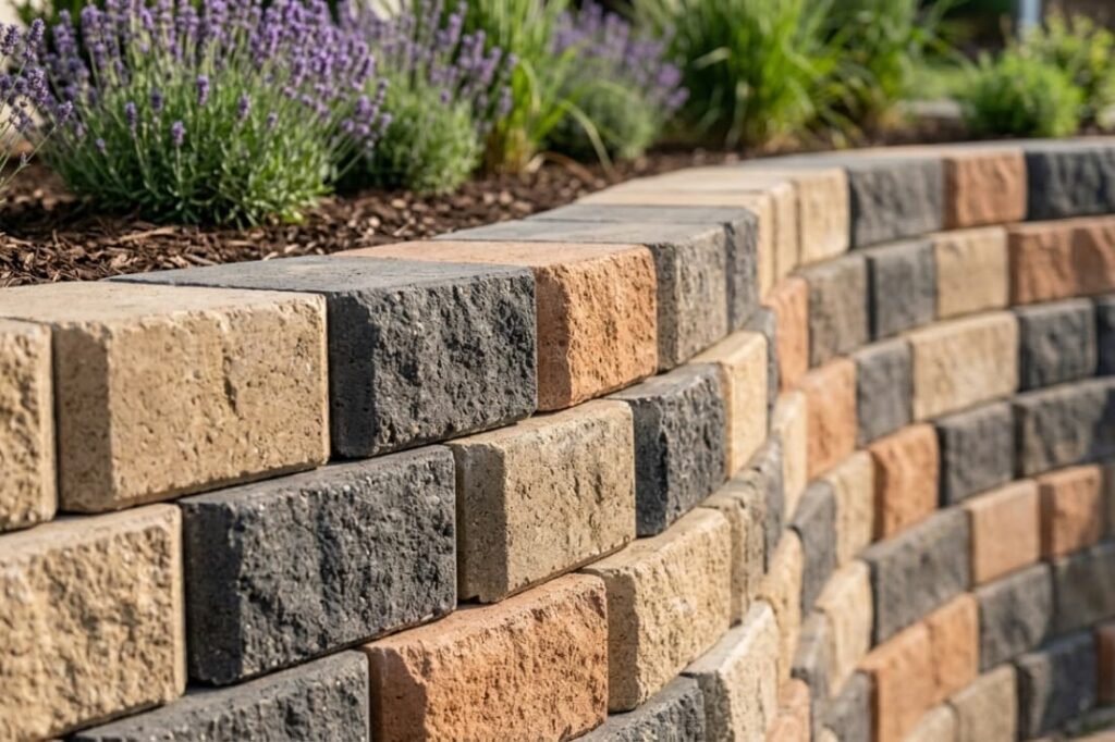 Close-up of curved retaining wall designs using multicolored segmental concrete blocks with lavender plants above.