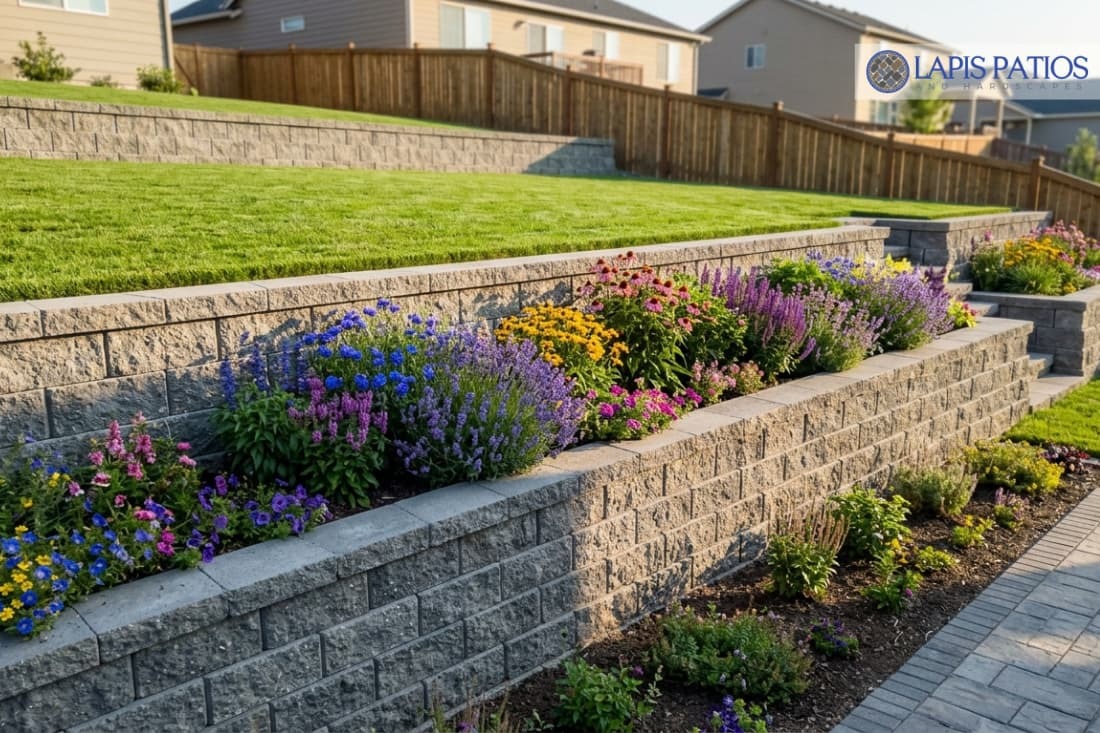 Tiered vertical retaining wall solutions with colorful flower beds on a sloped backyard