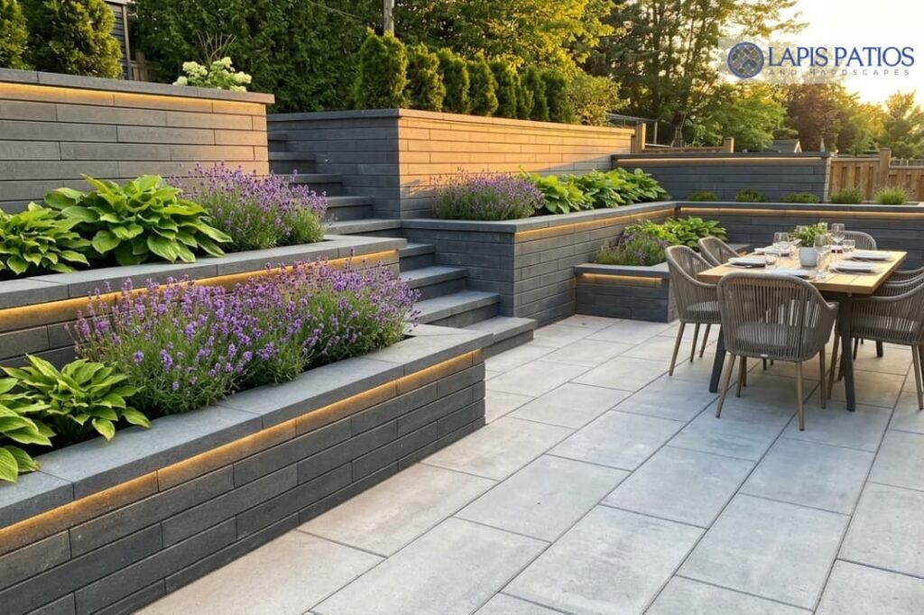 Tiered stylish retaining wall designs for patios with lavender planting beds and evening LED lighting 