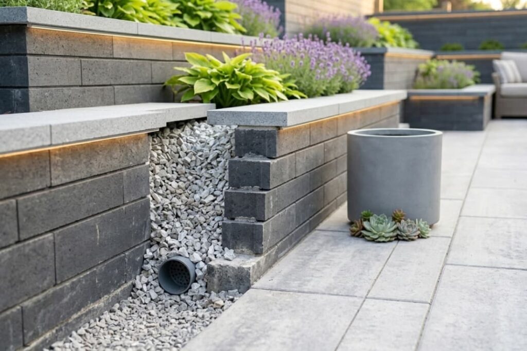 Drainage detail of stylish retaining wall designs for patios with gravel backfill and LED lighting 