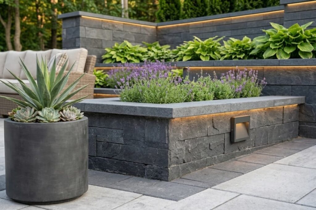 Modern stylish retaining wall designs for patios featuring dark stone tiers and built-in LED lighting 