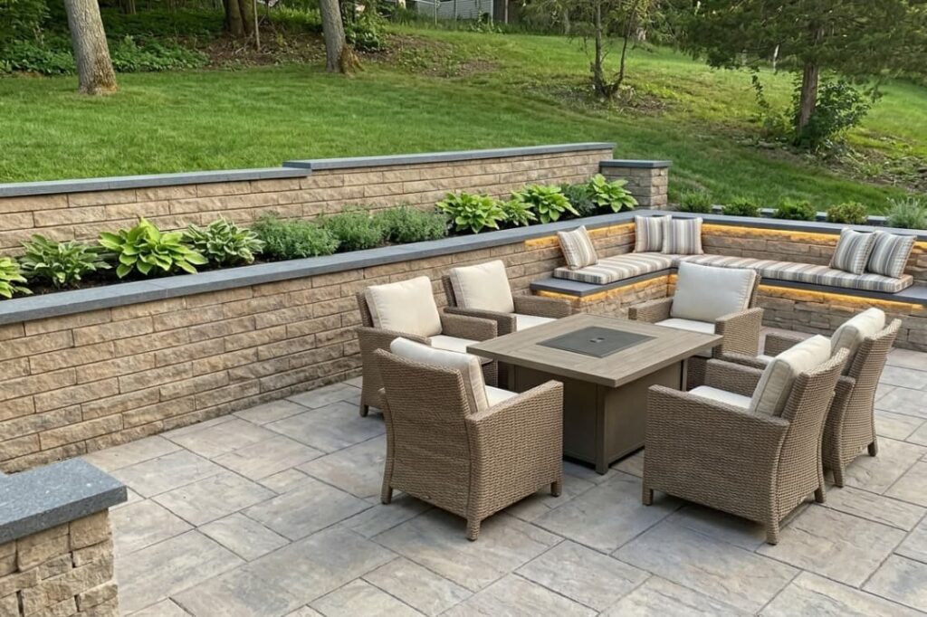 Stylish retaining wall designs for patios with built-in seating and fire pit outdoor lounge area
