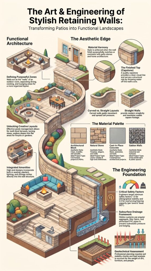 Infographic illustrating stylish retaining wall designs for patios with materials and engineering tips 