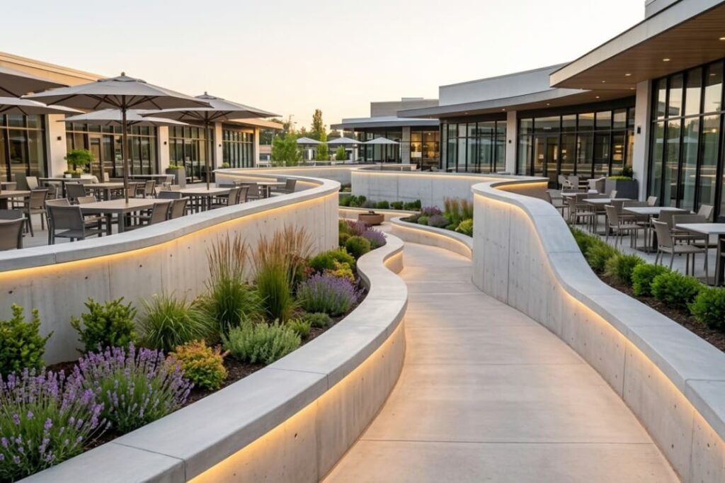 Modern commercial curved retaining wall designs with LED lighting, lush plantings, and a winding concrete pathway.