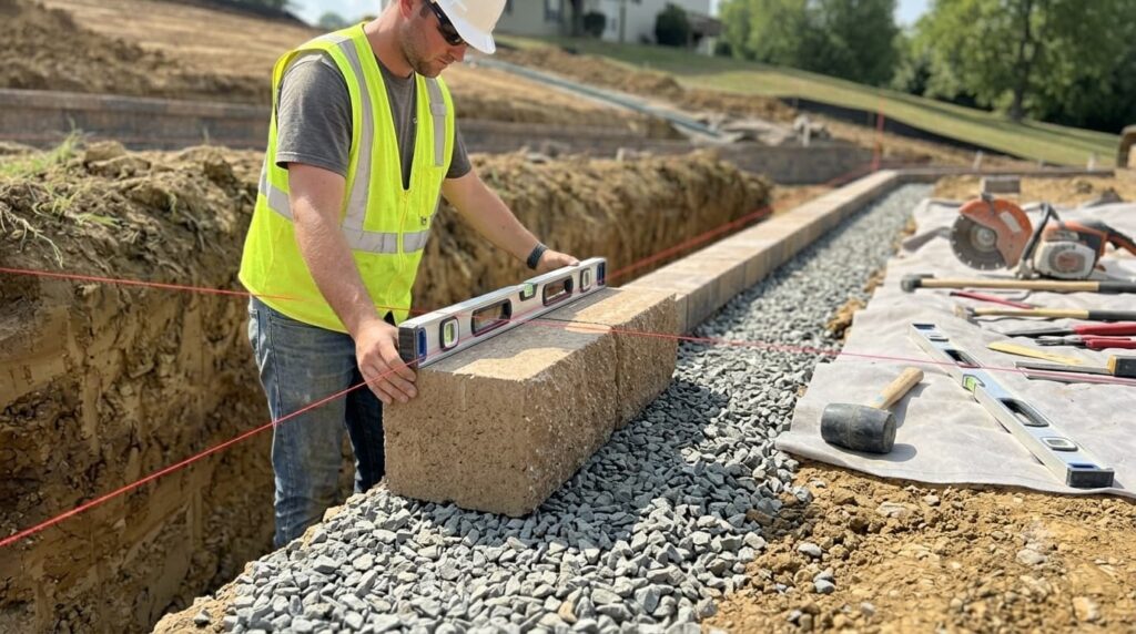 Worker uses a level to apply precise retaining wall construction techniques on a gravel base course.