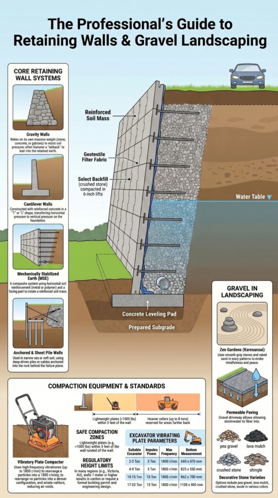 Infographic illustrating retaining wall construction techniques, from gravity walls to MSE systems with drainage details.