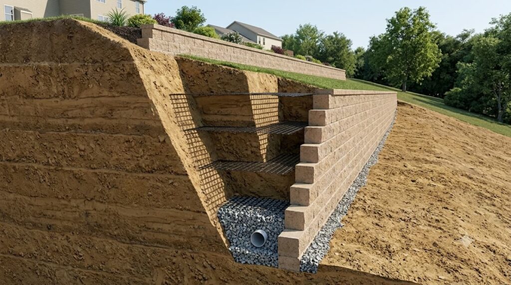 Cross-section diagram demonstrating retaining wall construction techniques with geogrid layers and drainage pipe.