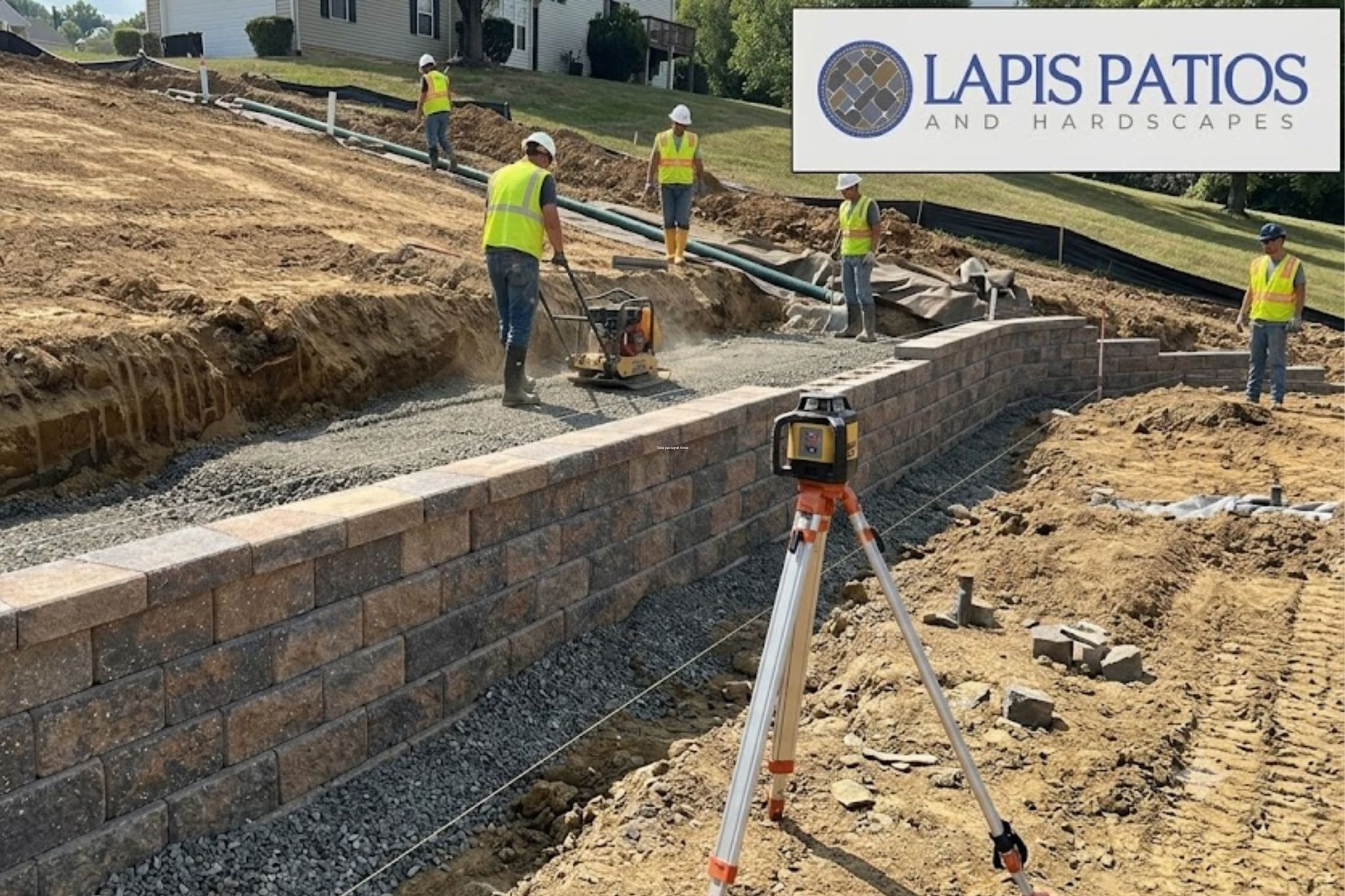 Crew applying retaining wall construction techniques while building a tiered stone block wall on a sloped yard.
