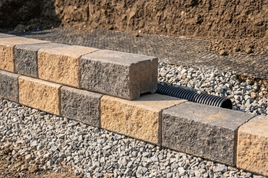 Close-up of segmental retaining walls for garden areas showing drainage pipe and gravel backfill