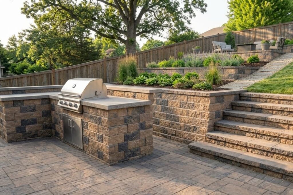 Backyard patio with segmental retaining walls for garden areas featuring tiered planting beds and steps