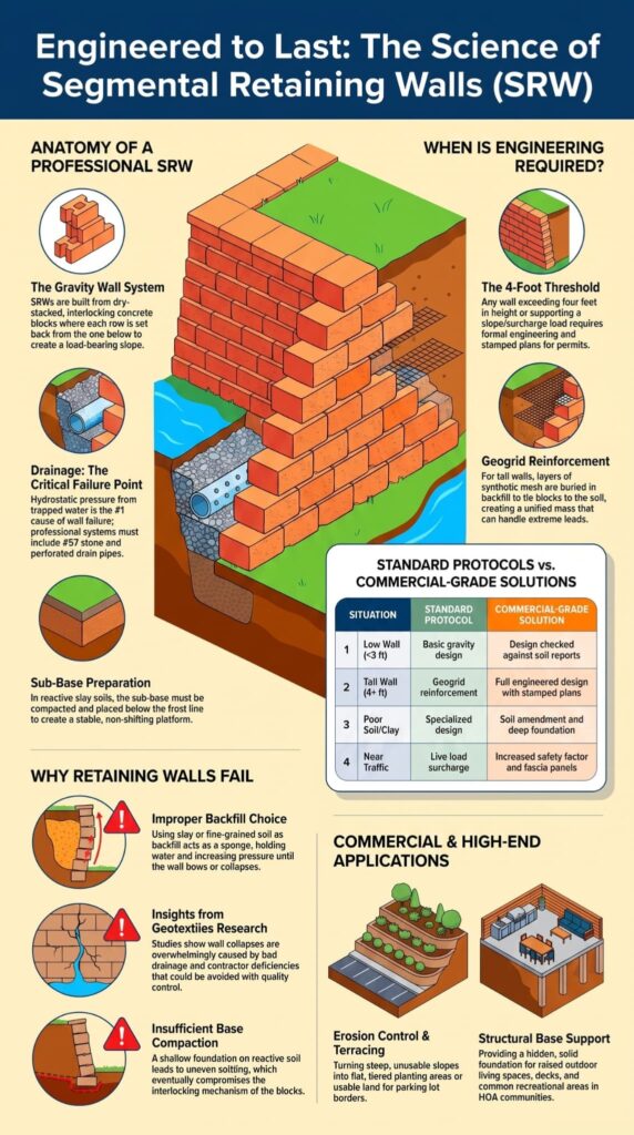 Infographic explaining the anatomy and science behind segmental retaining walls for garden areas