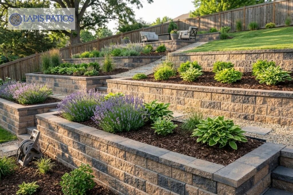 Tiered landscaping with segmental retaining walls for garden areas filled with lavender and hostas