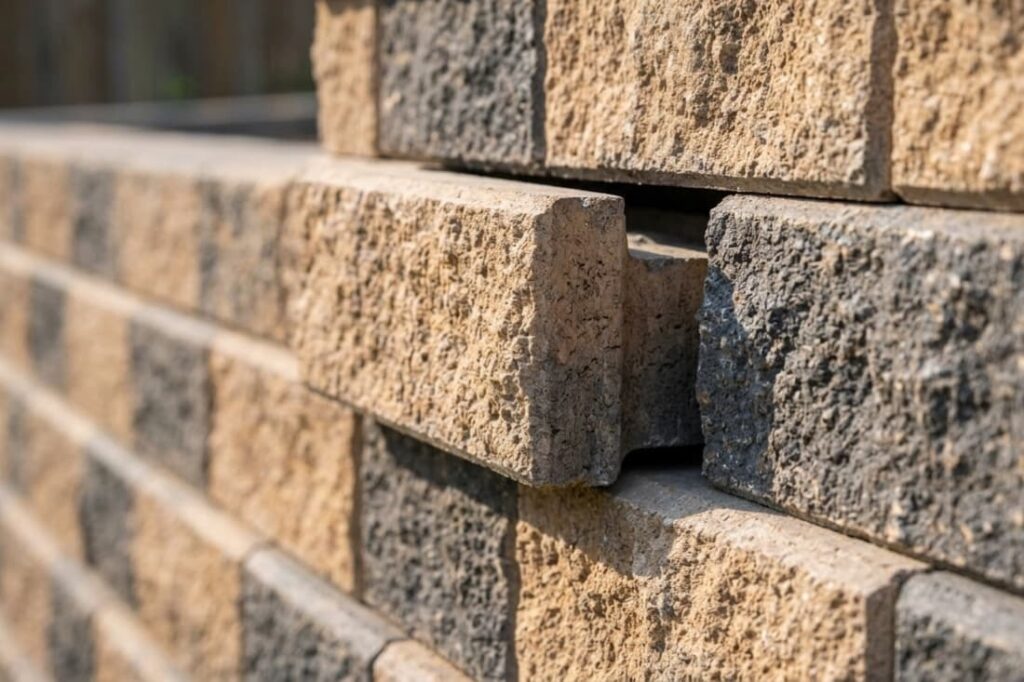 Detailed close-up of interlocking block connectors used in segmental retaining walls for garden areas