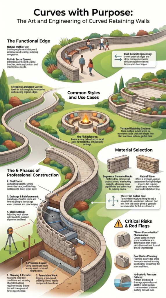 Infographic illustrating curved retaining wall designs with construction phases, materials, and common styles.