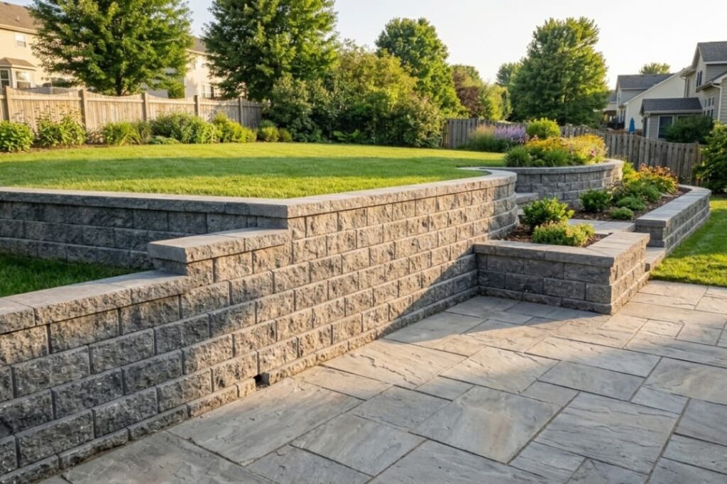 Segmental block vertical retaining wall solutions creating terraced lawn and patio space