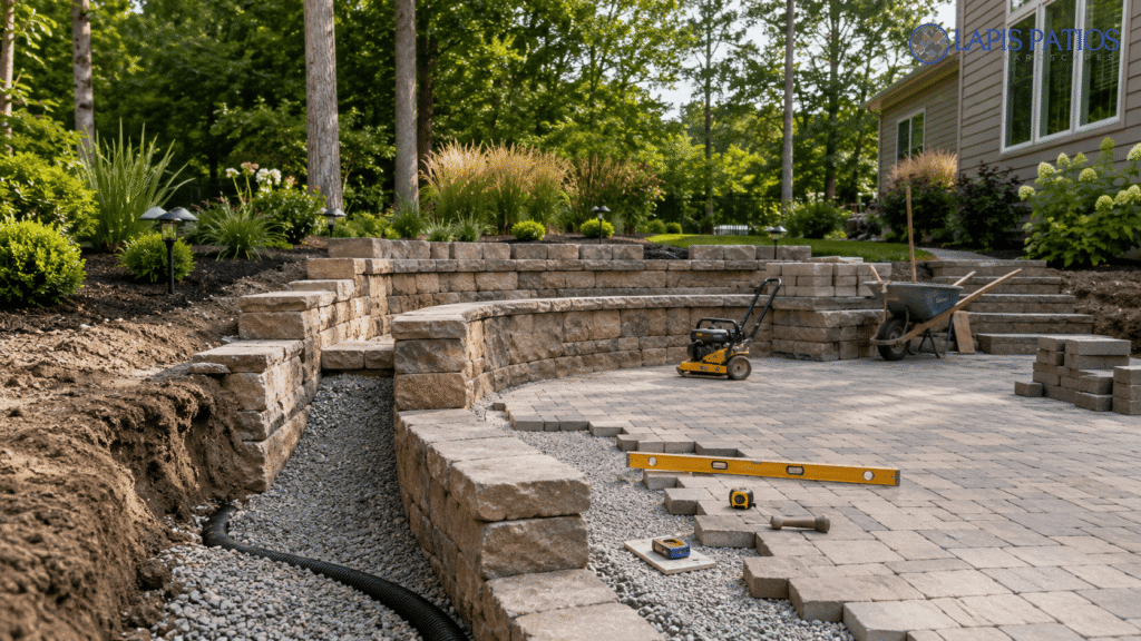 Curved stone wall and paver patio mid-progress, showing tools used in Retaining Wall Construction projects. 