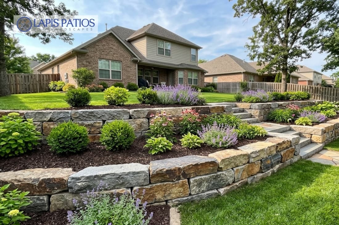 Tiered stone retaining wall designs with colorful garden beds and steps in a residential backyard