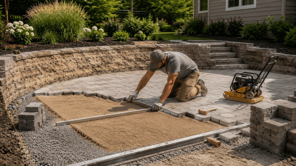 Worker leveling paver base near a curved stone wall during Retaining Wall Construction in a backyard patio. 