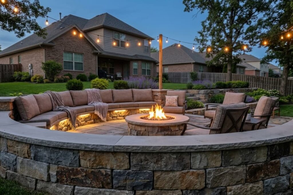 Curved stone retaining wall designs forming a sunken fire pit patio with built-in seating and string lights