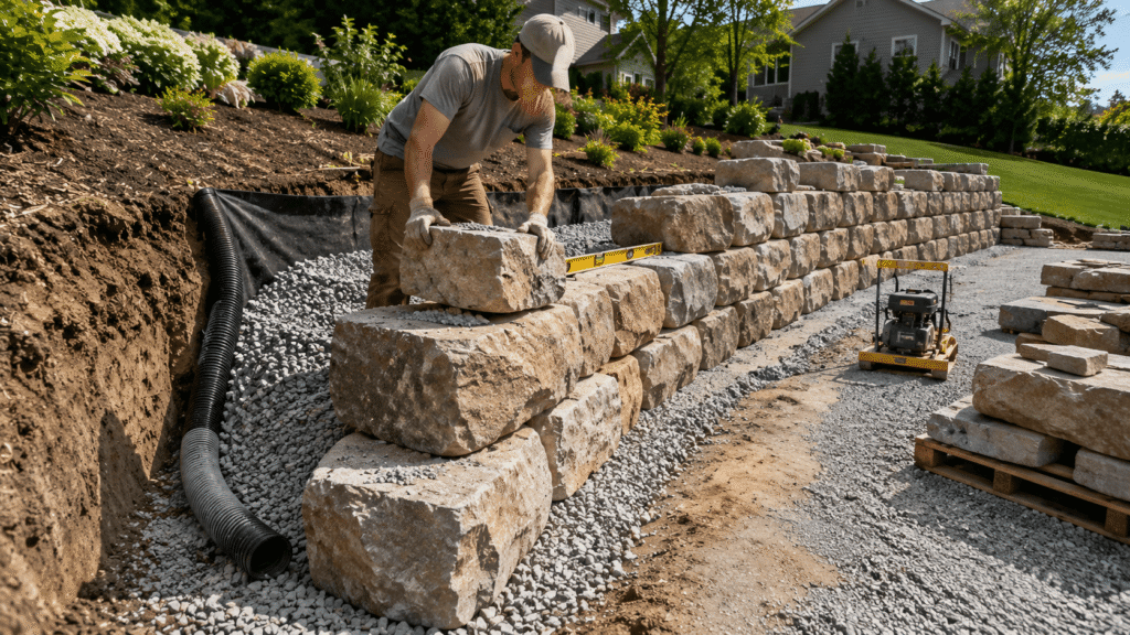 Worker stacking large stone blocks with gravel and drain pipe during Retaining Wall Construction on a slope. 