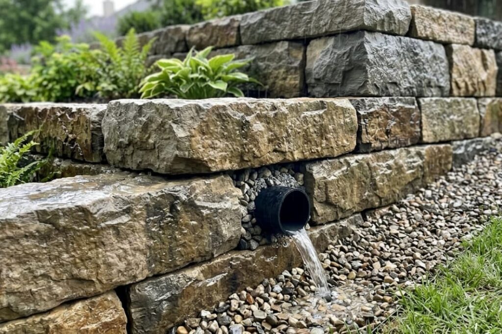 Close-up of stone retaining wall designs showing a drainage pipe releasing water through gravel backfill
