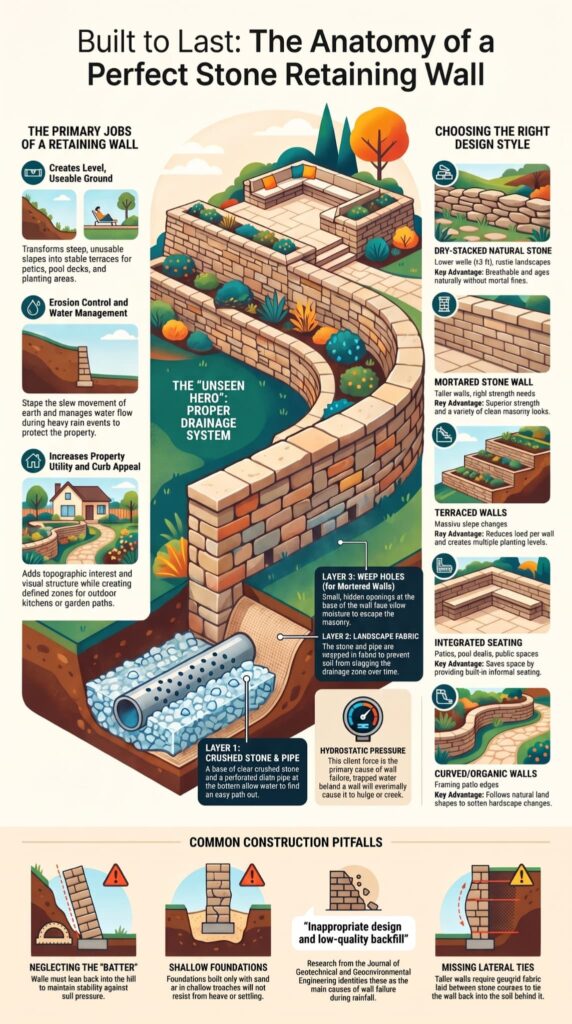 Infographic illustrating the anatomy and types of stone retaining wall designs with drainage and pitfall tips