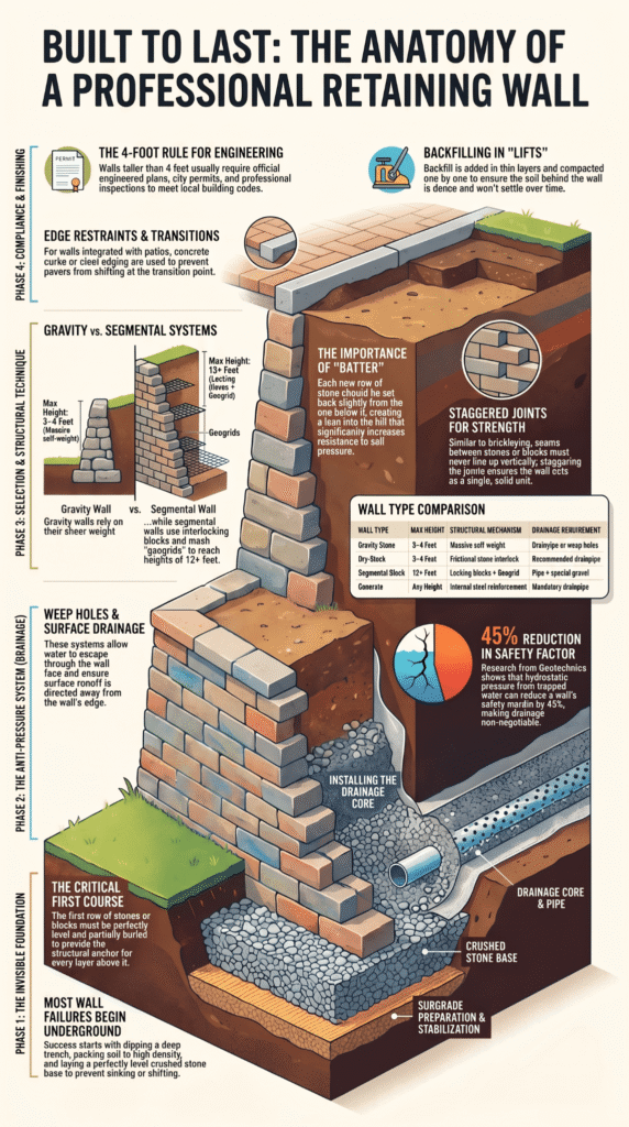 Cross-section diagram showing drainage, base, and layers involved in professional Retaining Wall Construction. 