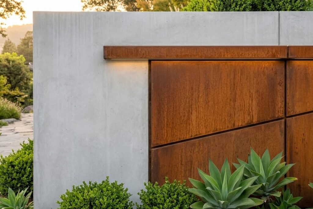 Concrete and corten steel panels combining modern retaining wall design ideas with lush garden plantings