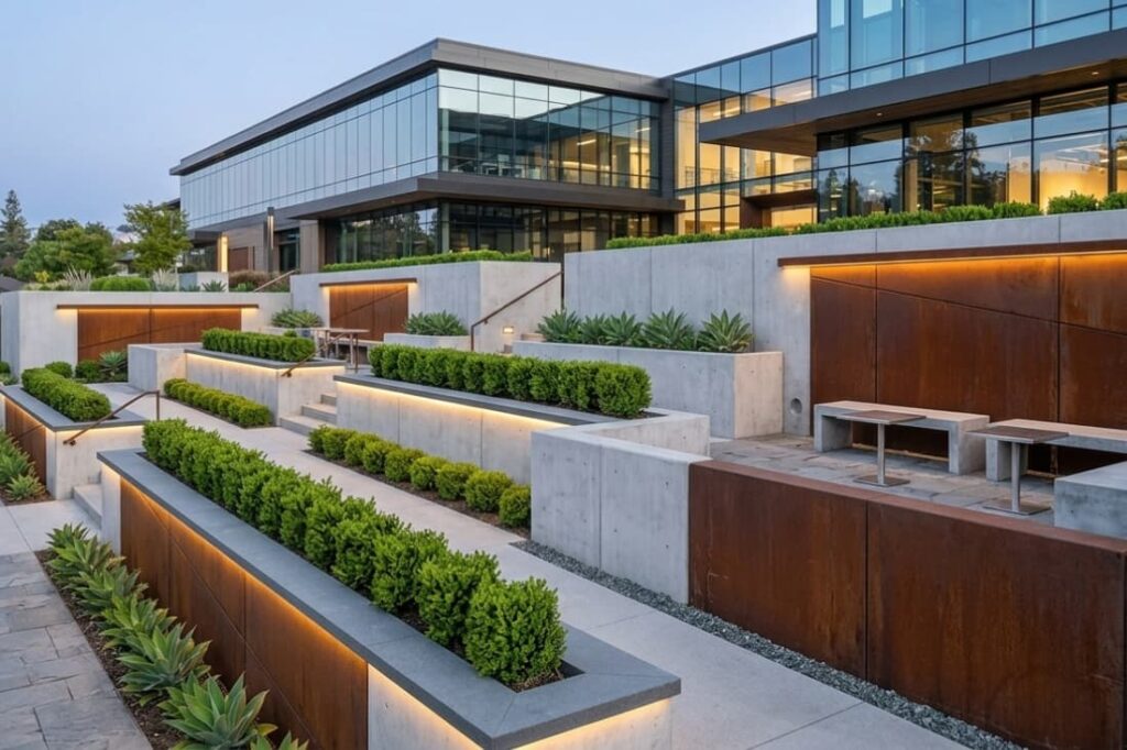 Tiered concrete terraces with LED lighting illustrating modern retaining wall design ideas for commercial spaces