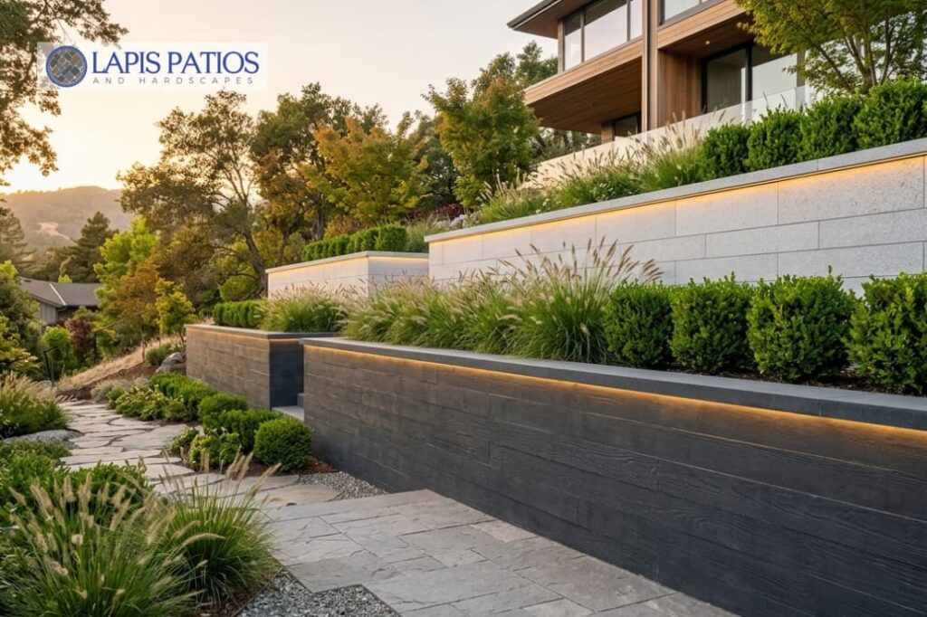 Infographic showcasing modern retaining wall design ideas with drainage systems and material comparisons