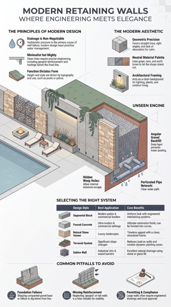 Infographic showcasing modern retaining wall design ideas with drainage systems and material comparisons