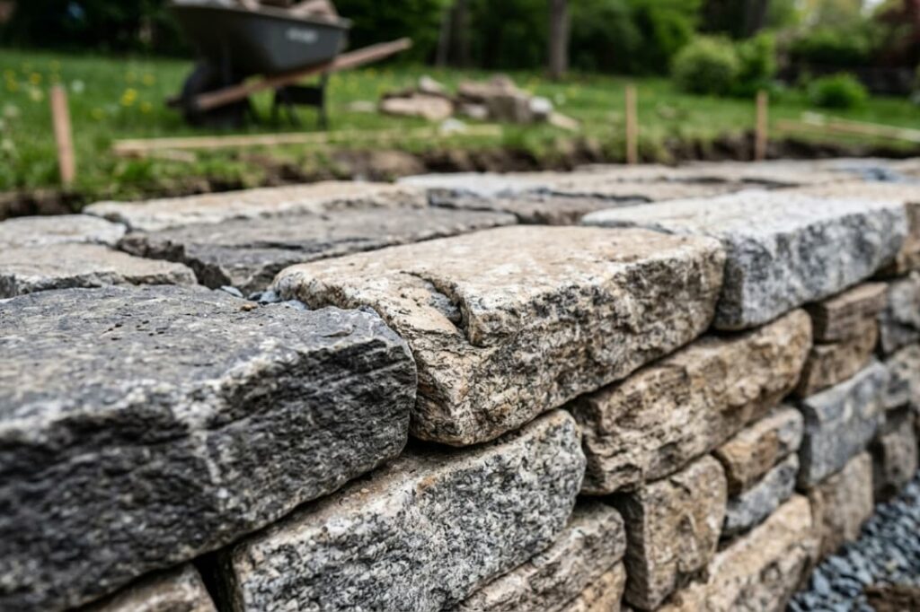 Close-up of stacked granite blocks showing the technique for building gravity retaining walls with stone