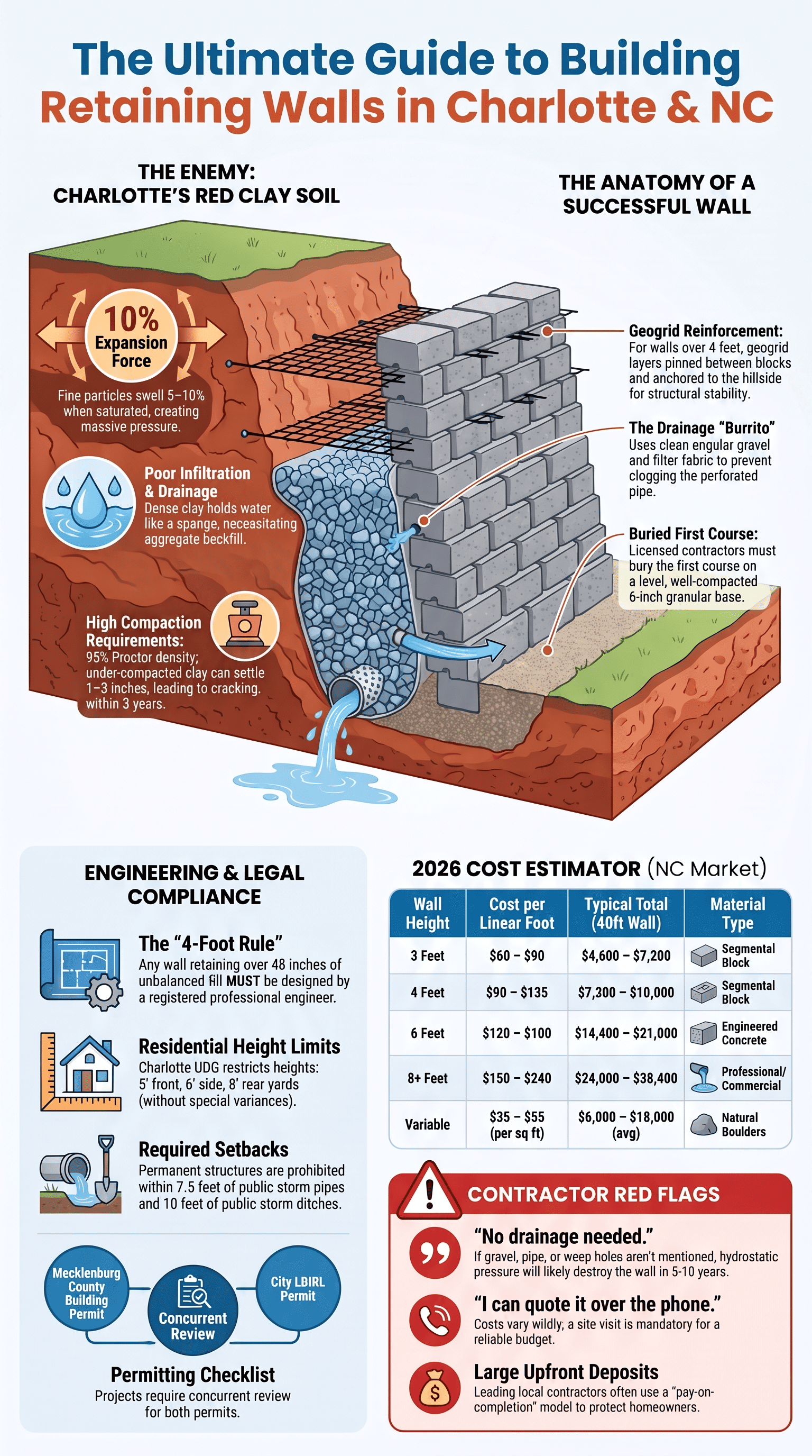 Charlotte NC infographic covering factors affecting retaining wall cost, including soil, drainage, permits, and pricing