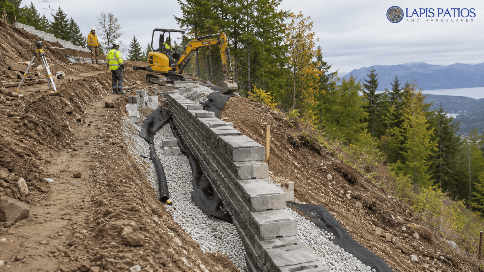 Retaining wall under construction on a slope, showing factors affecting retaining wall cost like drainage, materials, and excavation. 