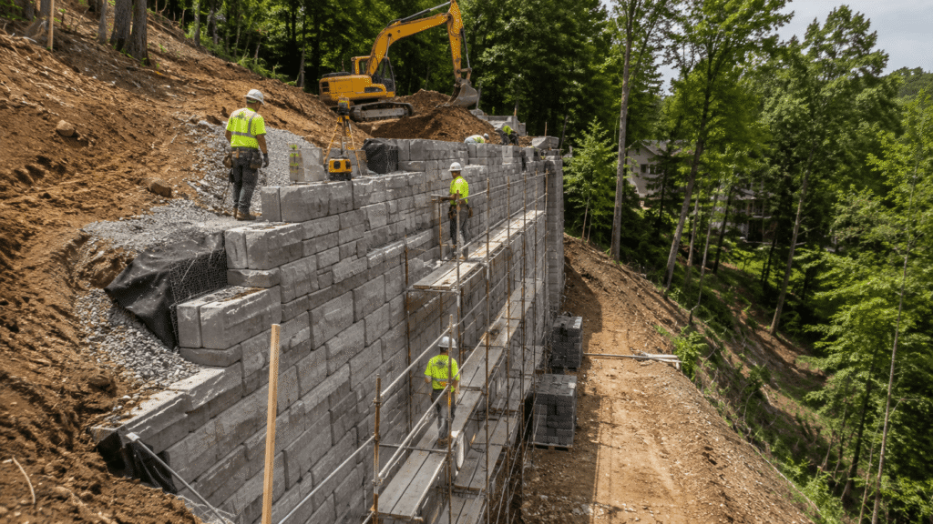 Tall block retaining wall built on a slope, illustrating factors affecting retaining wall cost like height, labor, and materials.