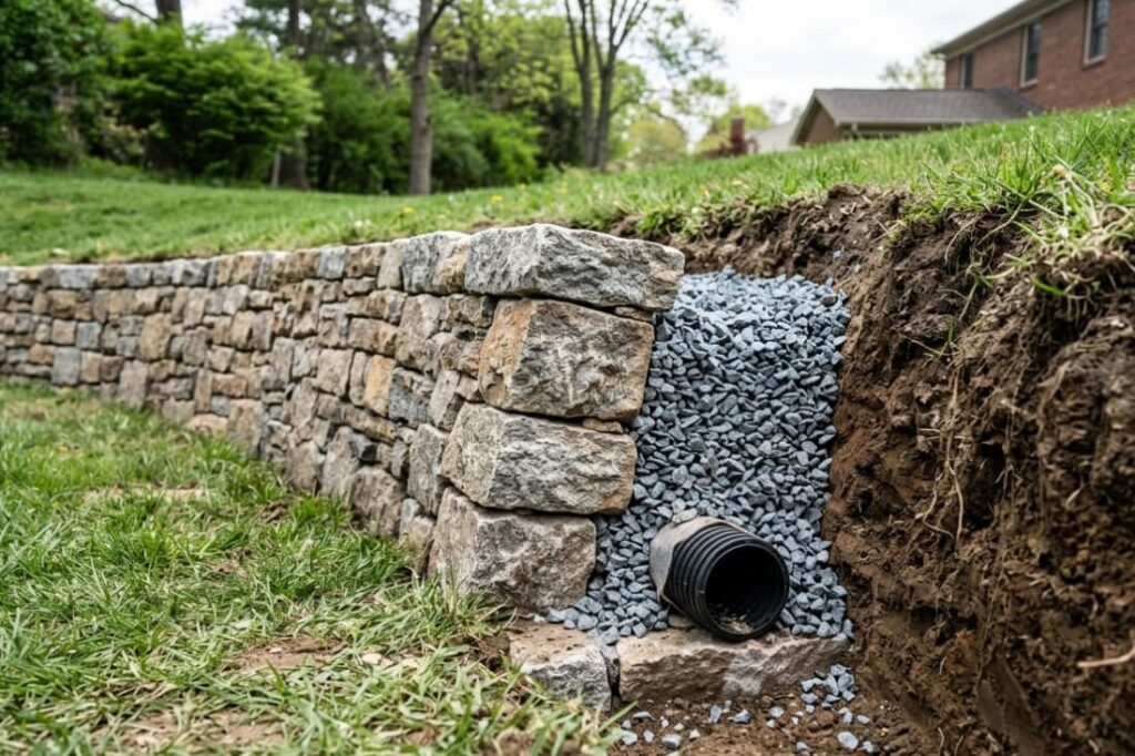 Gravel and drain pipe installed behind a wall, a key step in building gravity retaining walls with stone