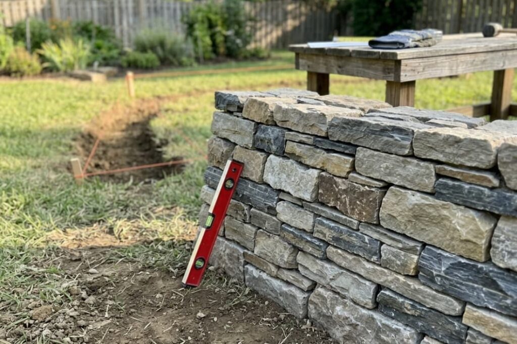 Checking level while building a dry stack retaining wall near a marked foundation trench