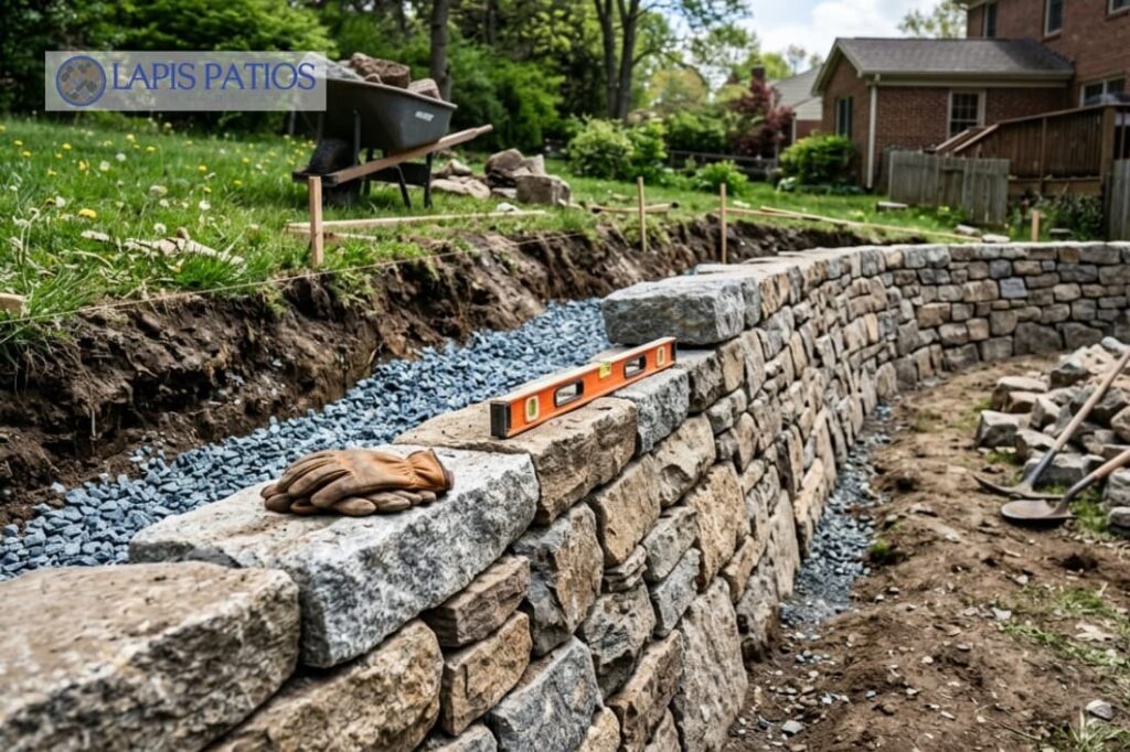 Contractor tools resting on stone courses during the process of building gravity retaining walls with stone