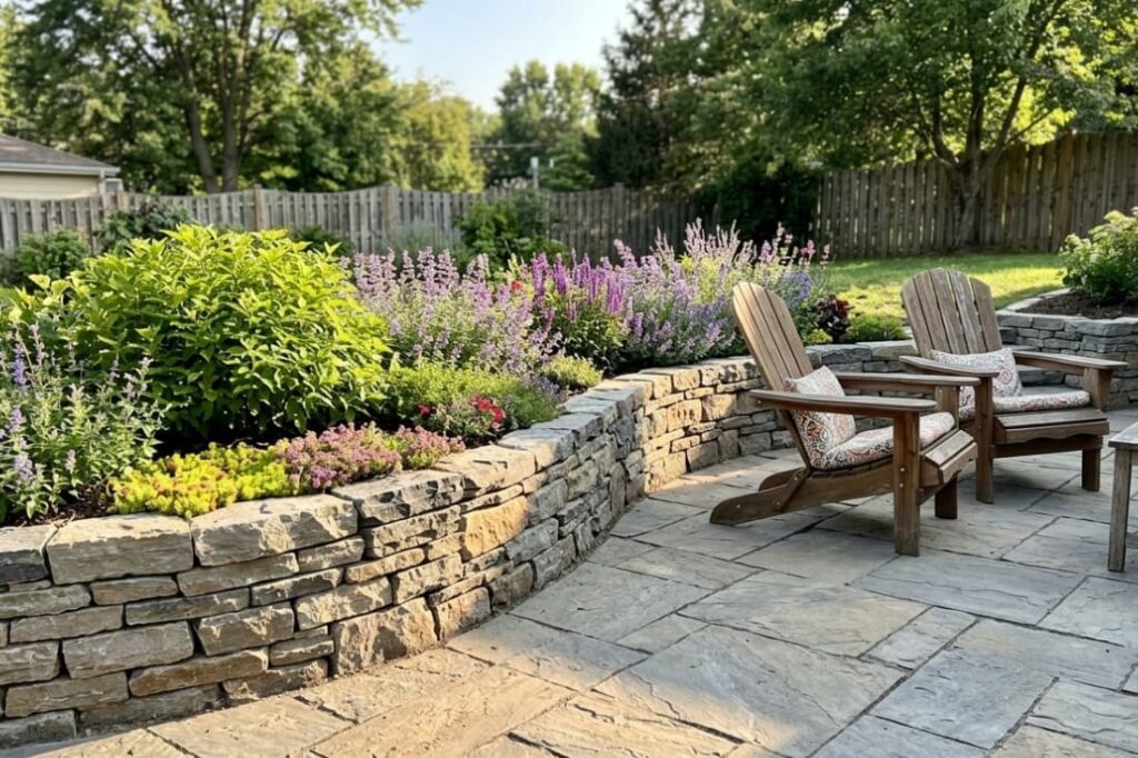 Finished patio seating area created by building a dry stack retaining wall along a garden bed