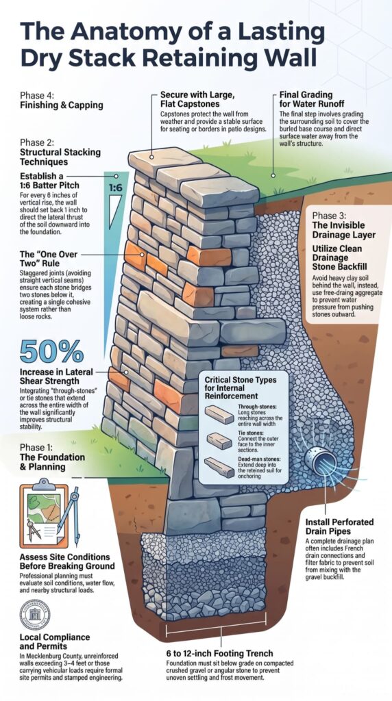 Infographic detailing the phases of building a dry stack retaining wall, from foundation to capstones