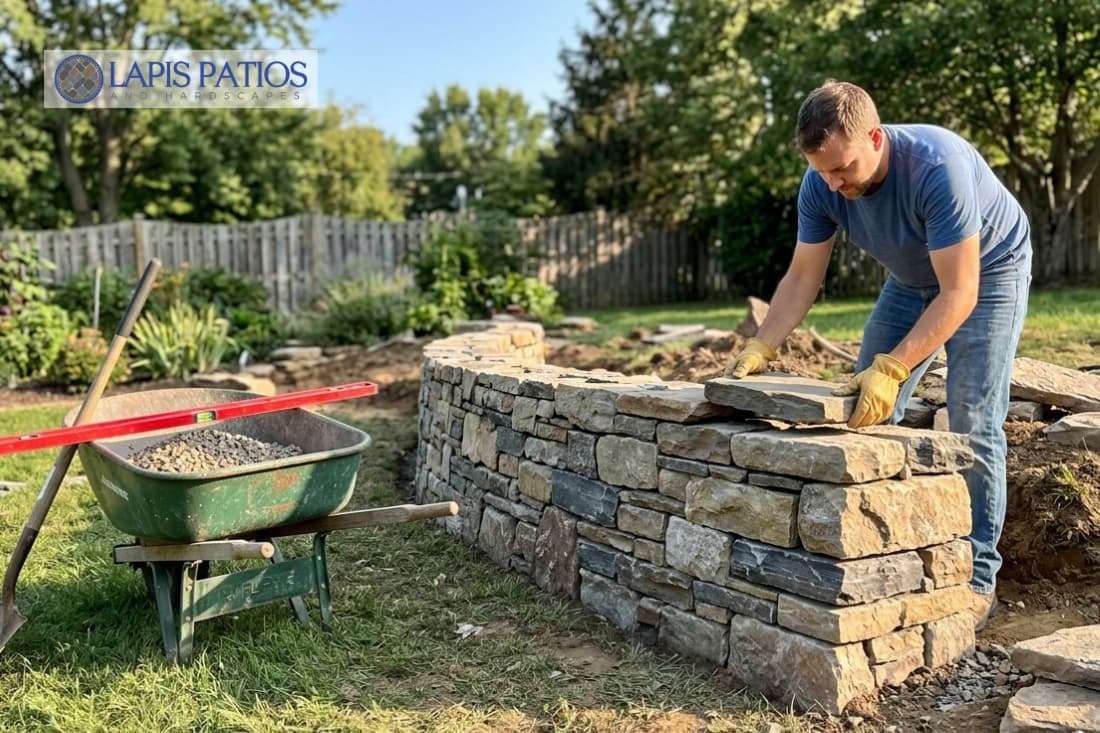 Worker placing a capstone while building a dry stack retaining wall in a backyard garden