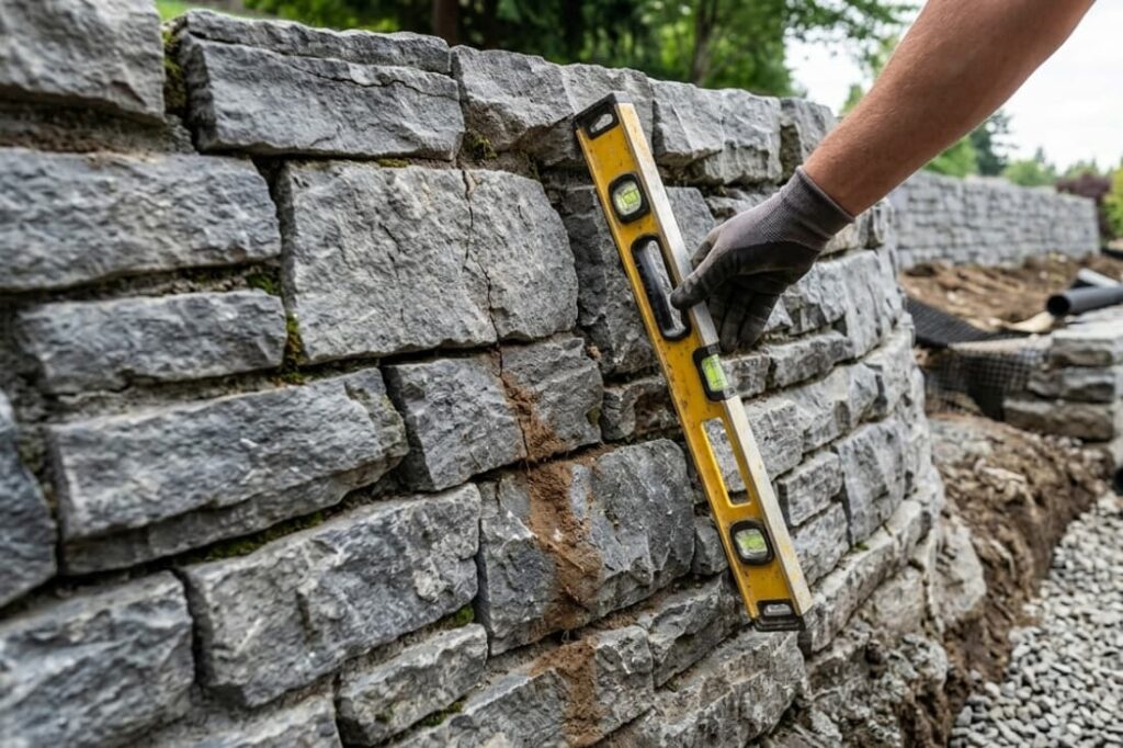 Using a level to check stone courses while stabilizing a gravity retaining wall